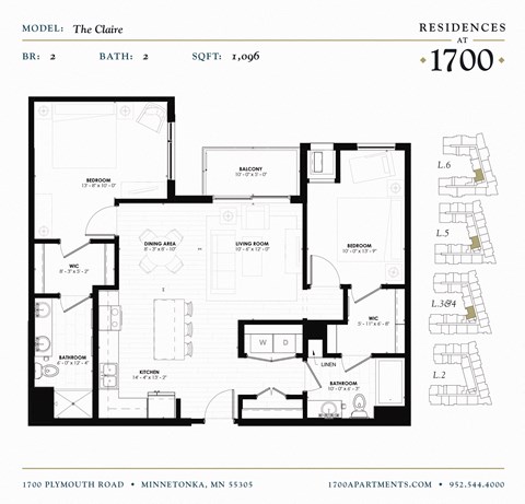 Floor plan for 2 beds, 2 baths, 1096 sqft